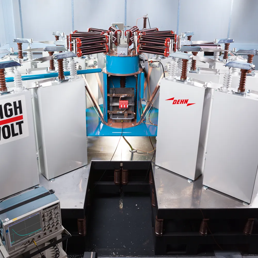 High-voltage testing apparatus with multiple insulated compartments and a central, blue-and-red component, situated in a laboratory setting.